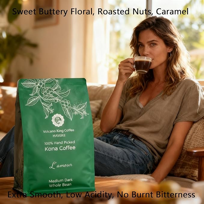 Hawaiian Kona Coffee Beans 100% Kona No Blend No. 1 Grade Medium Dark Roast from Our Coffee Estate in Hawaii Smooth and Low Acidity(L'amour 7 oz)
