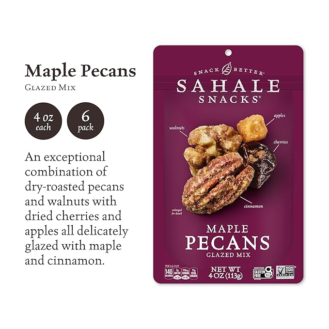 Sahale Snacks Maple Pecans Glazed Mix 4 oz Pouches (6 Packs) Dry-Roasted Deluxe Mixed Nuts with Cherries Apples Maple and Cinnamon - Non-GMO Kosher and Certified Gluten-Free Snacks