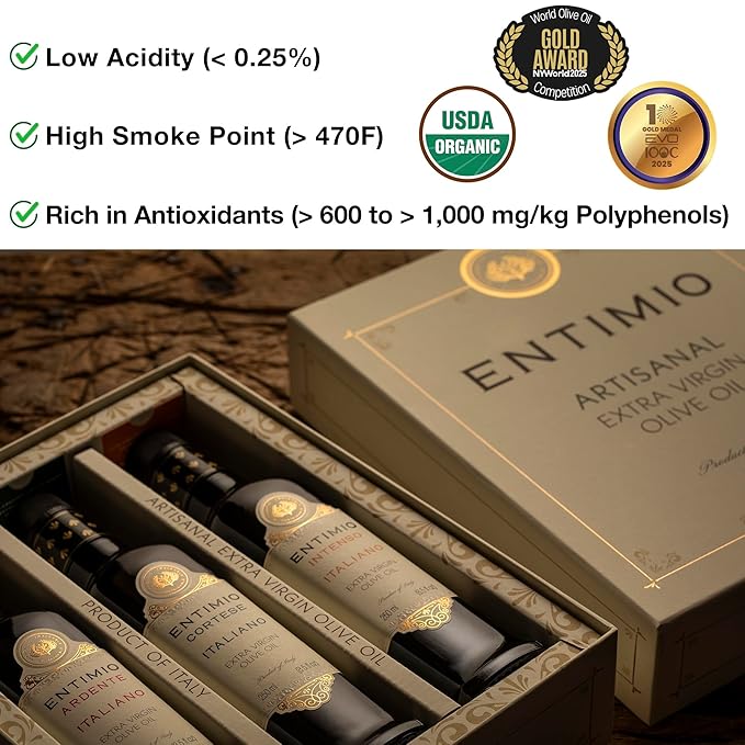 Entimio Collection Organic Italian Extra Virgin Olive Oil Gift Set from Italy 600+ to 1000+ mg/kg High in Polyphenols 2025 Gold Winner Early Harvest evoo Cold Extracted Lab Tested – 3 x 8.5 fl o