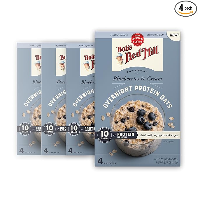 Bob's Red Mill Overnight Protein Oats Blueberries &amp Cream 16 Packets Total Non-GMO Gluten Free Whole Grain