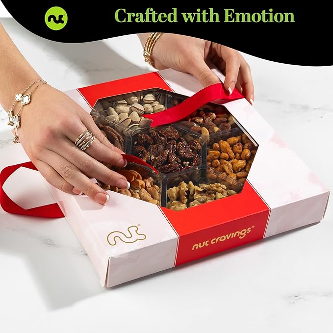NUT CRAVINGS - Easter Mixed Nuts Gift Basket in Red Gold Box (7 Assortments 2 LB) Ramadan Gifts Treats for Adults Food Arrangement Healthy Snack Care Package Kosher