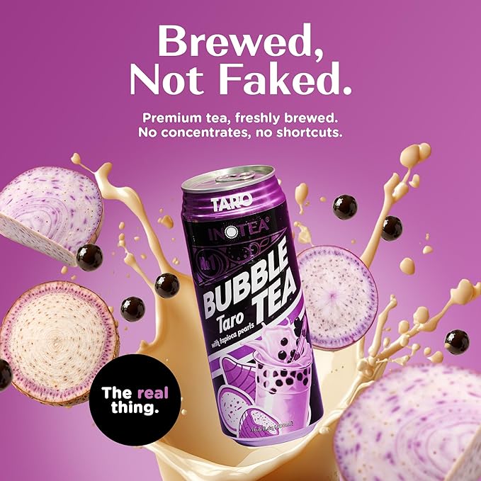 Inotea Bubble Tea with Tapioca Pearls - Delicious Instant Boba Tea - Ready-to-Drink Black Milk Tea - Comes in Large 16.6 oz Cans - Enjoy Real Boba Without the Long Lines - Taro - 12 pack