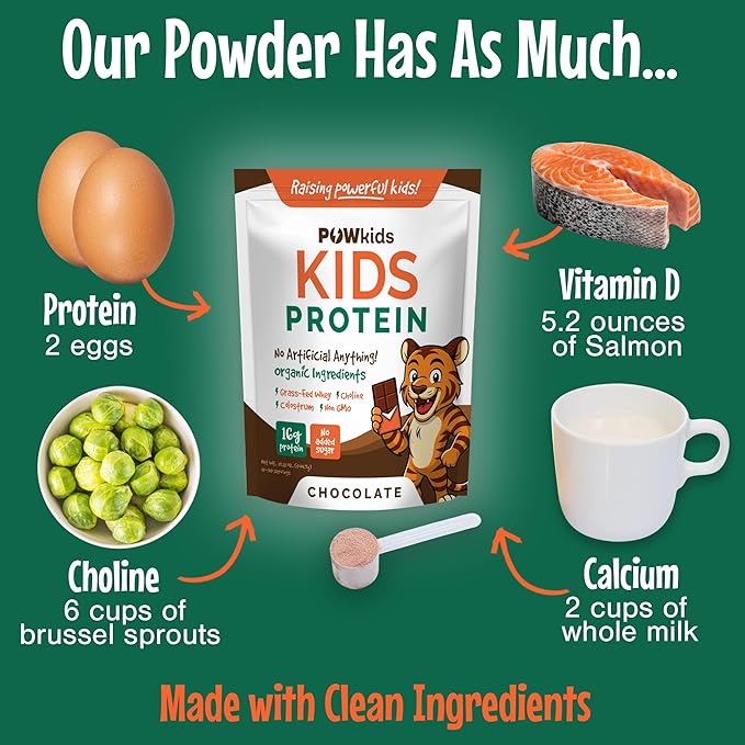 Kids Protein Shake Powder 16g – Zero Sugar Organic Ingredients Grass-Fed Whey Proteins – Calcium &amp Choline for Bone Strength &amp Brain Development Protein Shake 15-45 Servings – Chocolate