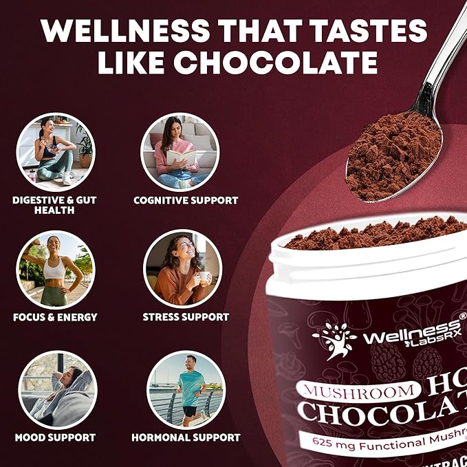 Mushroom Hot Chocolate Powder with Reishi 10:1 Extract Hot Cocoa Powder Caffeine-Free Mushroom Coffee Alternative - Adaptogenic Superfood Drink for Focus Relaxation and Mood Support - 30 Servings