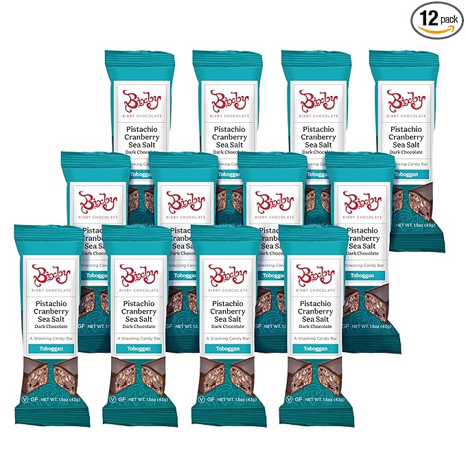 Bixby 12 Bars of Vegan Dark Chocolate - Gluten Free Pistachio Pecan and Cranberry Bulk Chocolate Bars - Non GMO Kosher Protein Snack with Clean Ingredients - Pack of 12 Gourmet Candy Bars 1.5oz each
