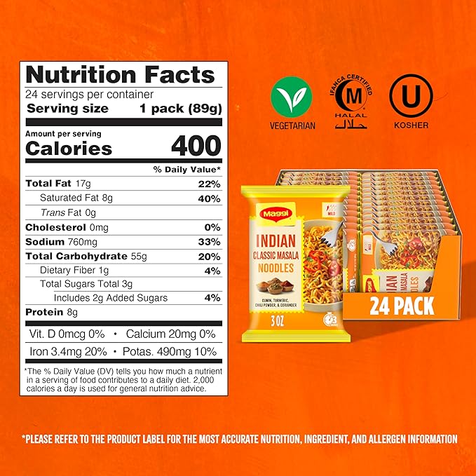 Maggi Indian Classic Masala Noodles Instant Noodles 3 Min Indian Noodles Mildly Spicy 24Pk