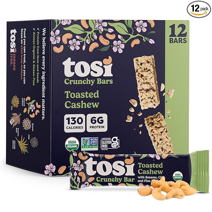 Tosi Nut Bars Cashew Healthy Snacks for Adults &amp Kids Plant Based Crunchy Bars (6G Protein) Organic Keto Snacks Vegan Gluten &amp Soy Free Low Sugar Omega 3s 1oz 12-Pack