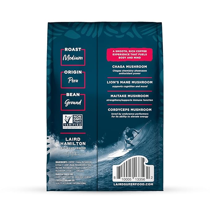 Laird Superfood Peruvian Medium Roast Coffee with Functional Mushrooms Certified Organic Peruvian Ground Coffee Beans Gluten-Free Dairy-Free Non-GMO Paleo Keto Friendly 32 oz. Bag
