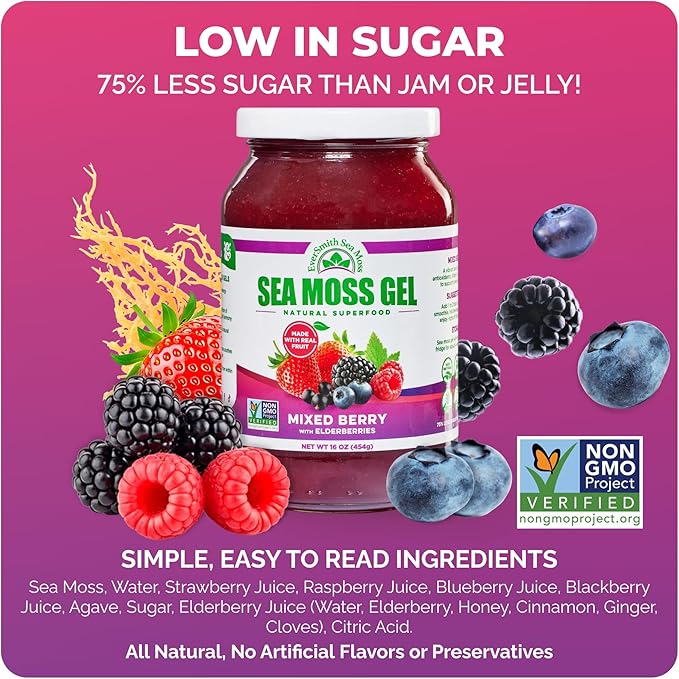 Wildcrafted Irish Sea Moss Gel | Made in USA | Rich in Vitamins &amp Minerals | Sea Moss Gel Raw | Nutritional Supplement | Mixed Berry (16 oz)
