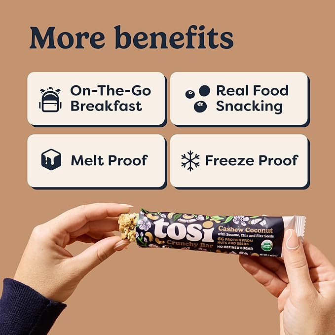 Tosi Nut Bars Cashew Coconut Healthy Snacks for Adults &amp Kids Plant Based Crunchy Bars (6G Protein) Organic Keto Snacks Vegan Gluten &amp Soy Free Low Sugar Omega 3s 1oz 12-Pack