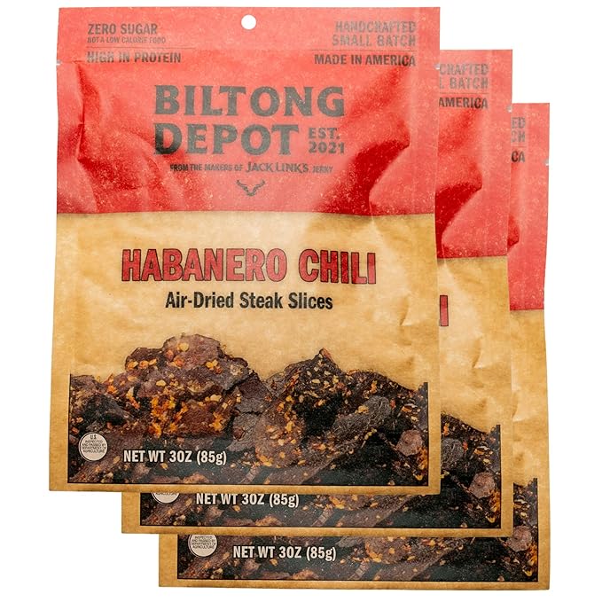 Biltong Depot Habanero Chili Biltong Slices Bundle - 3oz (3 Pack) | Air-Dried Beef Jerky Snack | Spicy Flavor| High Protein | Zero Sugar | Keto &amp Paleo Friendly | Gluten Free | No Artificial Prese