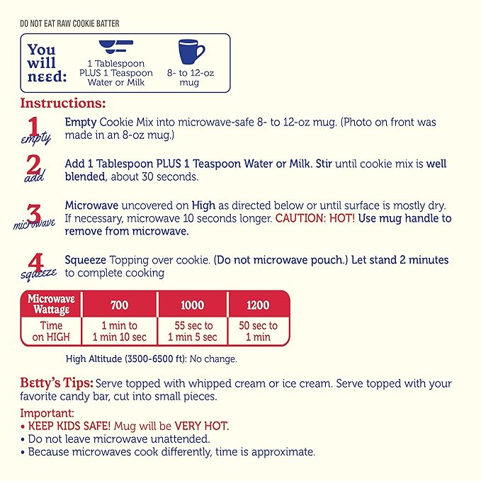 Betty Crocker Mug Treats Soft-Baked Chocolate Chip Cookie Mix with Fudge Topping 4 Servings (Pack of 6)