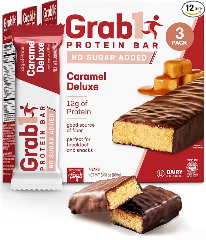 Grab1 Sugar Free Protein Bars Caramel Deluxe (3 Pack- 12 Bars) | Delicious and Nutritious | Low Calorie | Only 1g Sugar
