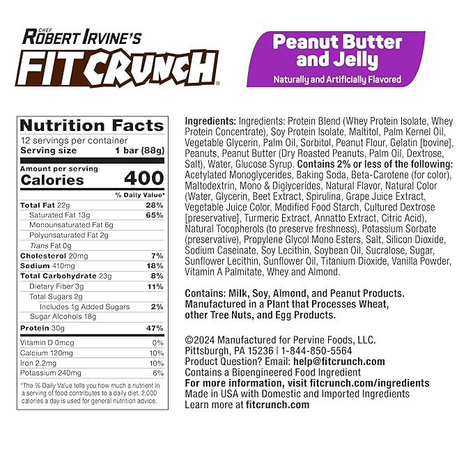 FITCRUNCH Full Size Protein Bars 6-Layer Baked Bar 2g of Sugar Gluten Free &amp Soft Cake Core (12 Bars Peanut Butter and Jelly)