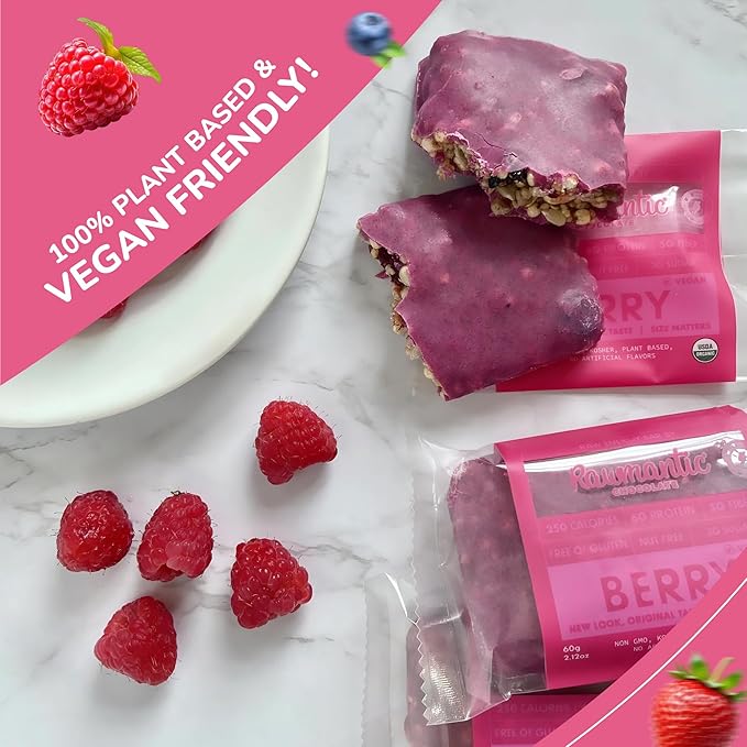 Rawmantic Mixed Berry Vegan Protein Bars (12 Bars x 60g) – Mixed Berries Pea Protein powder Sunflower Seeds Pitaya Passion Fruit Powder &amp More - No Artificial Flavors Plant-Based Non-GMO &amp