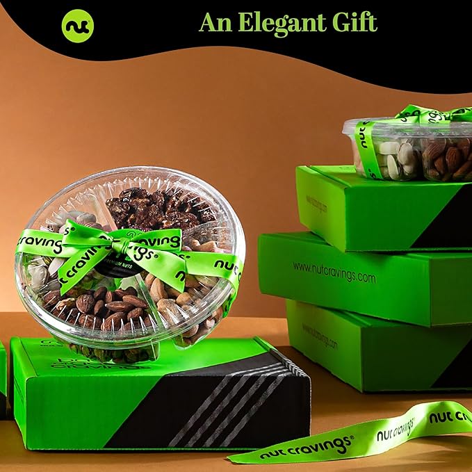 NUT CRAVINGS - Easter Mixed Nuts Gift Basket + Green Ribbon (4 Assortments) Ramadan Gifts Saint Patrick's Day Treats for Adults Food Arrangement Healthy Snack Care Package Kosher