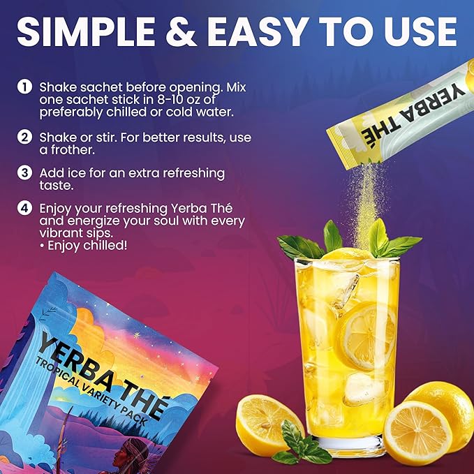 Yerba Mate Powder - Gut Health Support Drink - Probiotics &amp Prebiotics - Reduce Brain Fog Relaxation &amp Focus - Natural Yerba Mate Clean Energy - Mixed Fruit Flavors - Sugar-Free - 30 Sachets