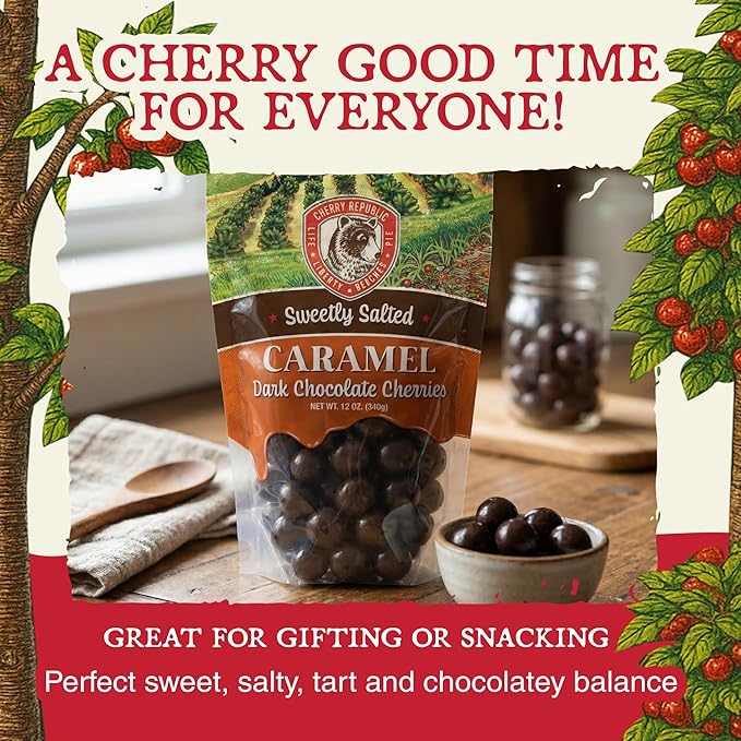 Cherry Republic Sweetly Salted Caramel Dark Chocolate Covered Cherries - 12oz Bag Dried Montmorency Salted Caramel Dark Chocolate Cherries Gourmet Candy Gift or Snack Resealable Made in USA
