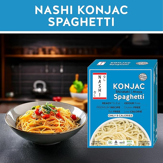 Nashi Shirataki Konjac Spaghetti (8x190g) – Glucomannan Premium Recipe Keto-Friendly | Low-Calorie Zero-Carb Vegan &amp Gluten-Free Odour-Free High Fiber | Ready-to-Eat Food