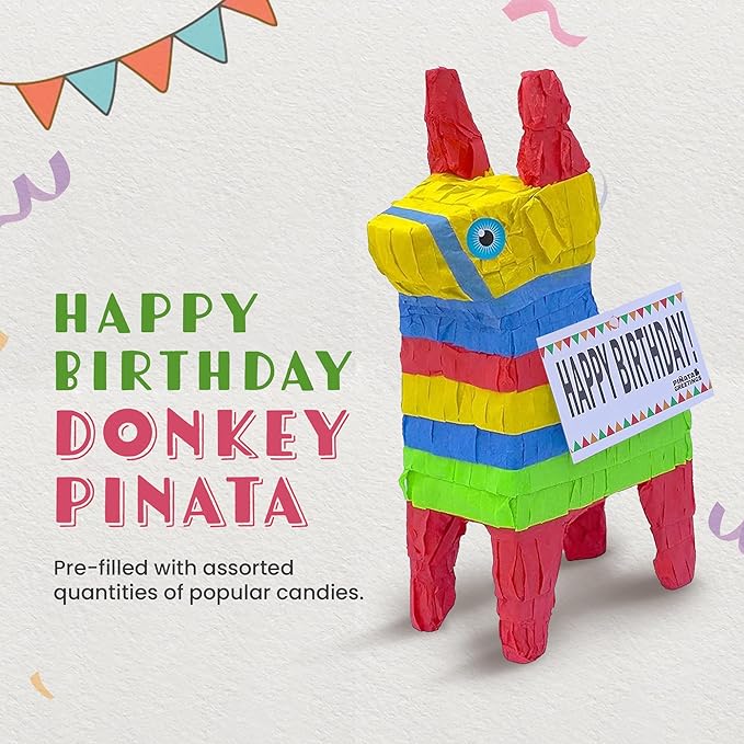 Cute 12” Donkey Pinata Pre-Filled with Assorted Quantities of Popular Candies and Attached Message Tag for Friends Family Children and More (Happy Birthday)