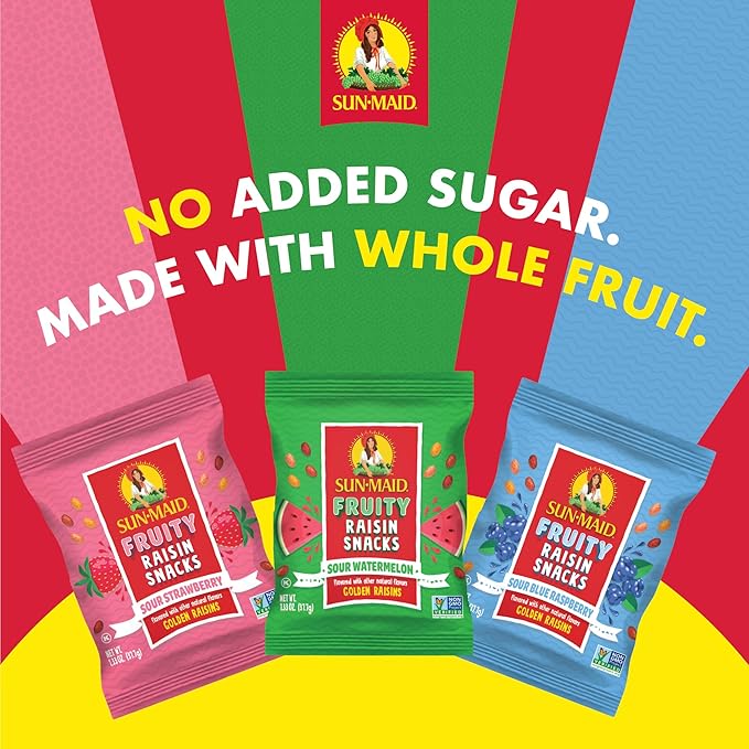 Sun-Maid Fruity Raisin Snack Variety Pack - Sour Strawberry Watermelon &amp Blue Raspberry - (24 Pack) 1.33 oz Pouches