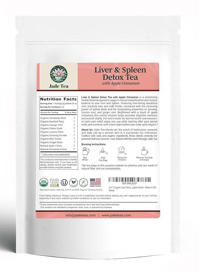 Jade Tea - Organic Liver &amp Spleen Detox Tea - Organic Dandelion Root Tea Burdock Root Ginger Root &amp Orange Peel - Supports Liver Kindey Gallbladder &amp Spleen Health - Apple Cinnamon Fla
