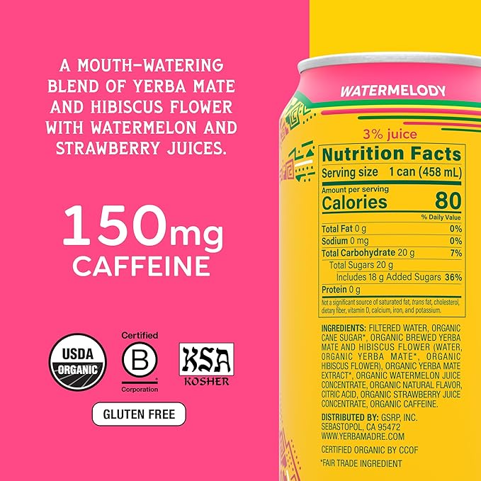 Yerba Madre Organic Yerba Mate Energy Drink Alternative Watermelody 150mg Plant Based Caffeine Smooth Energy &amp Focus No Jitters or Crash 15.5 Oz Cans (Pack of 12)
