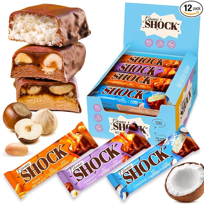 FitnesSHOCK Protein Bars Variety Pack – Low Sugar Dessert Snack (1g Total Sugar No added Sugar) – Coconut Peanut Salted Caramel &amp Hazelnut Caramel – Healthy Snack Box –12 Count