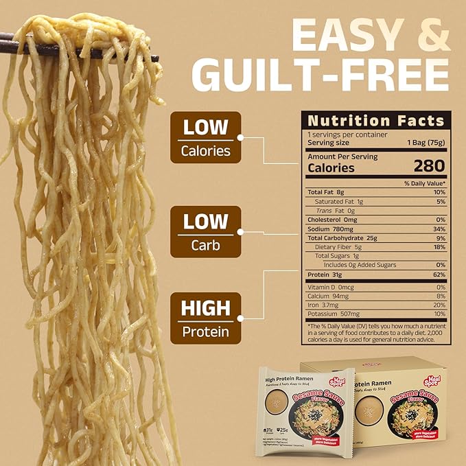 HealSpot High Protein Instant Ramen 30g Plant Based Protein Low Fat Low Carb Non GMO Keto Friendly Plant Based Dry Mixed Ramen 6 Packs of Sesame Sauce Flavor