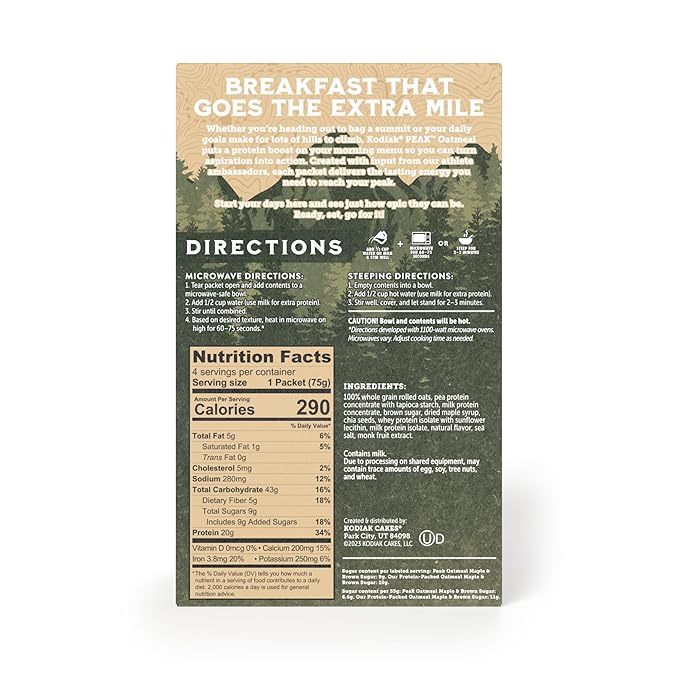 Kodiak Cakes Peak Instant Oatmeal Packets Maple Brown Sugar High Protein100% Whole Grains 6 box with 4 packets each (Total of 24 packets)