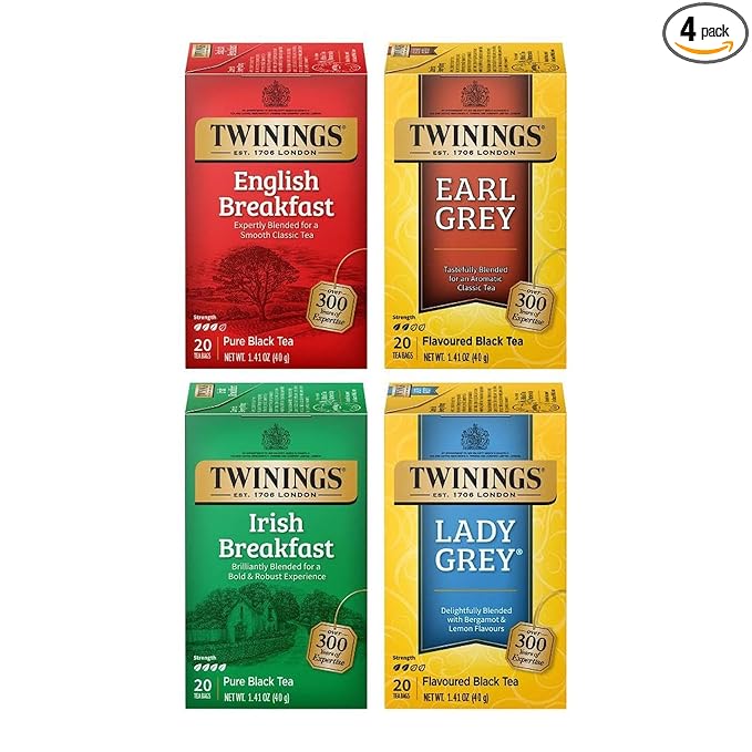 Twinings Variety Pack Black Tea Bags 20 Count (Pack of 4) Includes English Breakfast Earl Grey Irish Breakfast and Lady Grey Caffeinated Enjoy Hot or Iced 80 Teabags