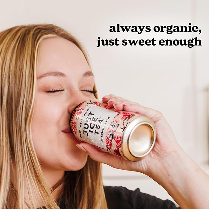 Just Ice Tea Raspberry Flavored Black Iced Tea 24-Pack (12oz Cans) USDA Certified Organic Low Calorie No Artificial Sweeteners Fair Trade Made in USA.
