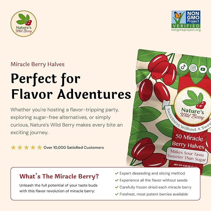 Nature's Wild Berry Miracle Berries – 50 Flavor-Changing Berry Halves | Resealable Refill Pack | Freeze-Dried in USA | Turn Sour to Sweet | As Seen on Shark Tank | Magic Fruit for Taste Transformation