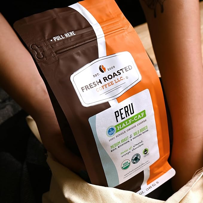 Fresh Roasted Coffee USDA Organic Peru Water-Processed Half-Caf | 3rd Party Tested for Pesticides Mold Mycotoxins Kosher | 100% Arabica Specialty Grade Med Roast 12 oz Ground