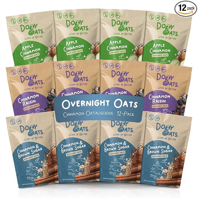 Dozy Oats Overnight Oatmeal Packets Cinnamon Oatalicious Variety Box with Rolled Oats Chia Seeds Date Powder and Dried Fruit. Gluten-Free Natural Source of Protein and Fiber 12-Pack