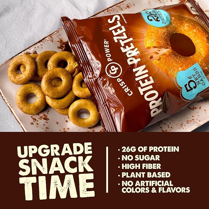 CRISP POWER Protein Pretzels NEW Cinnamon Crunch 26G Protein High Protein Snack High Fiber Low Carb Crunchy Pretzel Snacks No Added Sugar 1.75 oz Bags 6 Pack Vegan Keto