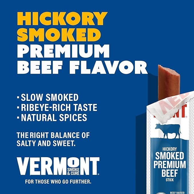 Vermont Smoke &amp Cure - Smoked Premium Beef Sticks - Meat Protein Snack - Portable Healthier Meat Snack for Adults &amp Kids - Individually Wrapped Jerky Snacks - 1oz - 24 Count