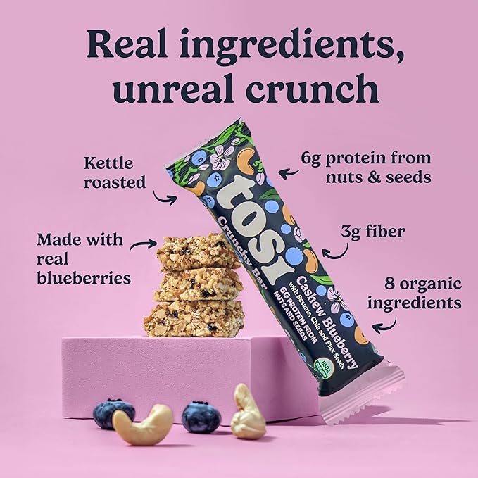 Tosi Nut Bars Cashew Blueberry Healthy Snacks for Adults &amp Kids Plant Based Crunchy Bars (6G Protein) Organic Keto Snacks Vegan Gluten &amp Soy Free Low Sugar Omega 3s 1oz 12-Pack
