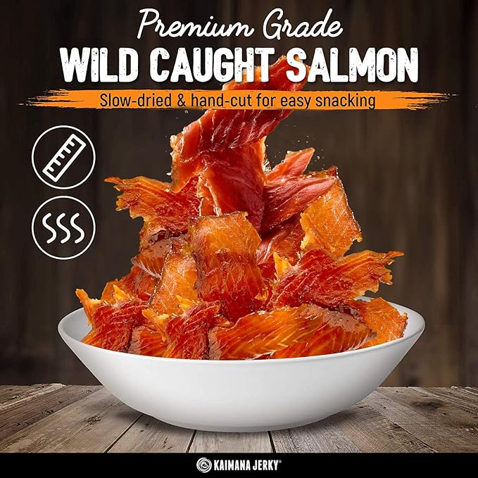 Kaimana Jerky Wild Caught Salmon Jerky - Organic Dried Fish Strips Rich in Omega-3 &amp Protein Low-Calorie Gluten-Free Low Sodium &amp Sugar - Original Teriyaki &amp Spicy Flavors - 9 Pack (0