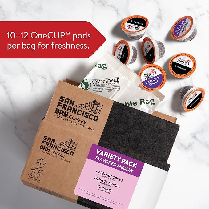 San Francisco Bay Coffee - Flavored Variety Pack (40 ct) - Hazelnut Crème Caramel &amp French Vanilla - Single Serve Coffee Pods Commercially Compostable K Cup Compatible