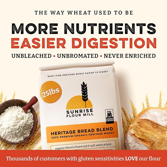 Sunrise Flour Mill Heritage Organic Bread Flour Blend - 25 lbs | Organic Unbleached Bread Flour Easy to Digest with Less Bloating | High Protein Superior Baking | Smooth Nutty Flavor