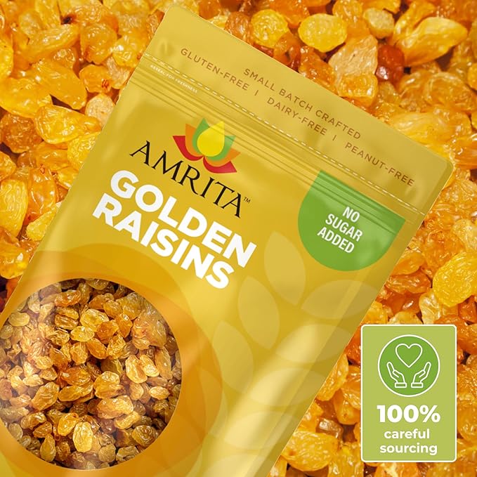 Amrita Golden Raisins 2 lb | No Added Sugar Naturally Sweet Gluten Free Dried Sultanas Kishmish | Packed Fresh in Resealable Bags | Yellow and White Raisins Vegan Snacks Healthy Snacks