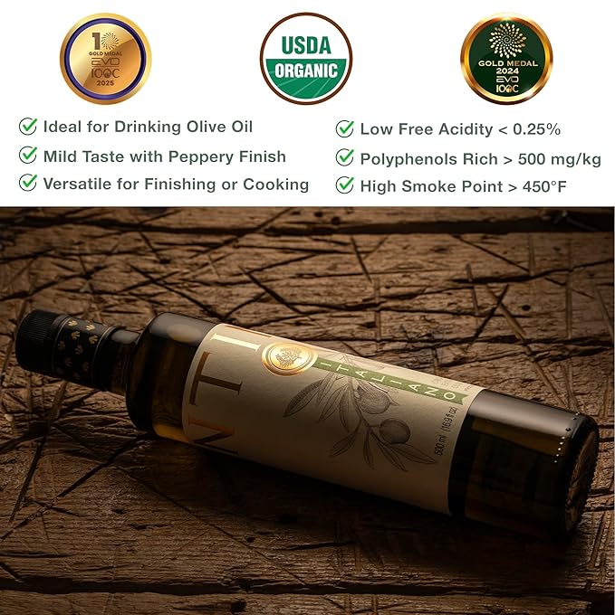 Entimio Italiano Organic Italian Extra Virgin Olive Oil from Italy 500+ mg/kg High in Polyphenols 2025 Gold Winner Tuscany evoo Cold Extracted Lab Tested for Drinking Cooking and Finishing