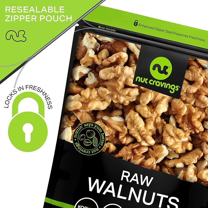 NUT CRAVINGS - Raw Walnuts Halves &amp Pieces Unsalted Shelled (32oz - 2 LB) Bulk Nuts Packed Fresh in Resealable Bag - Kosher Healthy Snack Food Assortments Ideal for Trail Mixed Nuts