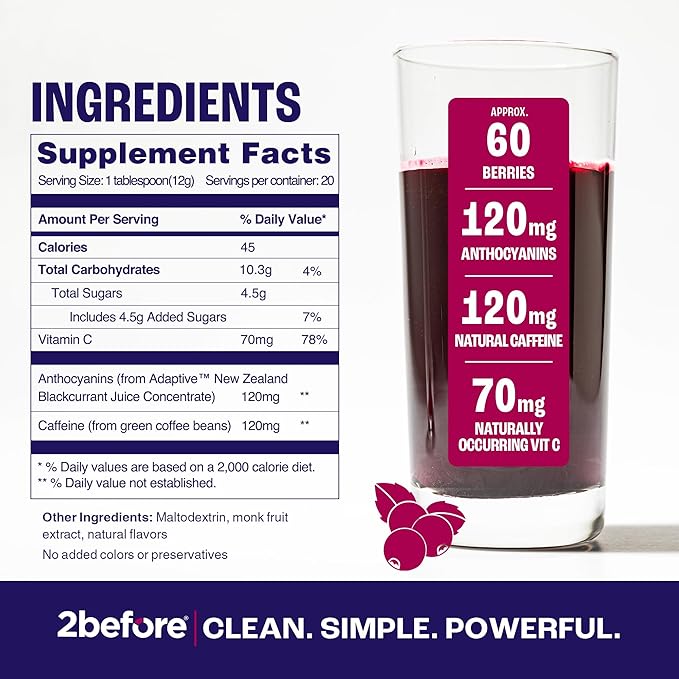 2before Blackcurrant I All Natural Vegan Pre Workout with 120mg Caffeine I Clean Energy Endurance Recovery I Pre Workout Women and Men I 20 Servings Pouch I Informed Sports Certified