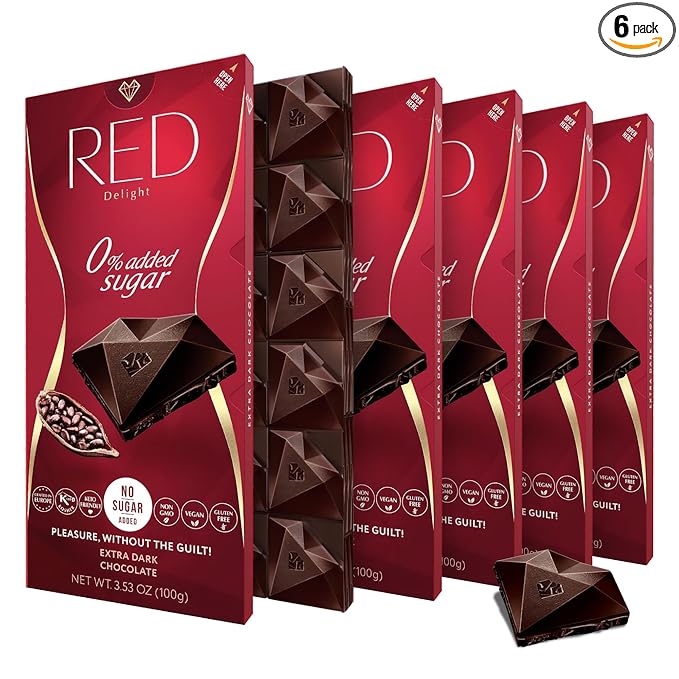Red Delight Extra Dark Chocolate Bars - 3.53 oz Pack of 6 - Full-Size Keto-Friendly Low Carb Kosher No Added Sugar - European Vegan Chocolate with Smooth Creamy Texture