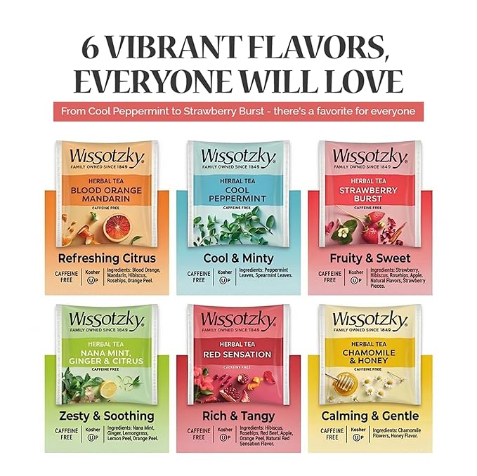 Wissotzky Herbal Tea Variety Pack Sampler (42 Tea Bags) in a Premium Reusable Gift Box | Valentines Day Gift | Caffeine-Free | 6 Exciting Flavors | Individually Wrapped Tea Bags | Ideal Present for Ho