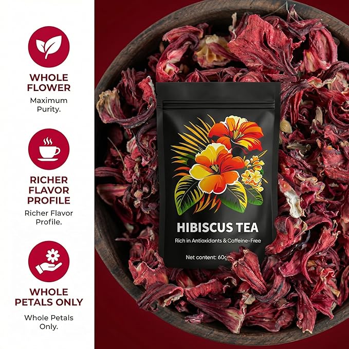 Hibiscus Tea - Whole Dried Flower Petals Hibiscus Tea Bags Antioxidant Caffeine-Free Natural Compounds Tart and Delicious20 Tea Bags