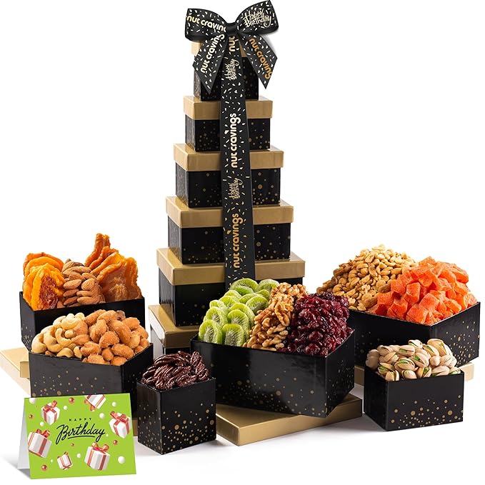NUT CRAVINGS Gourmet Collection - Happy Birthday Treats Nuts &amp Dried Fruits Tower Gift Basket with Bday Ribbon (12 Assortments) Food Arrangement Healthy Snack Care Package Food Assortments