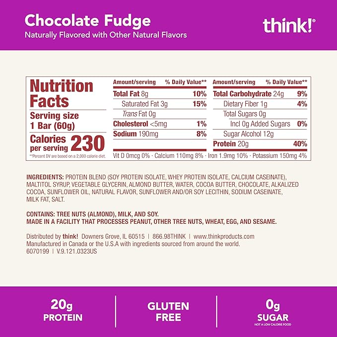 think! Protein Bars High Protein Snacks Gluten Free Kosher Friendly Chocolate Fudge Nutrition Bars 2.1 Oz per Bar 10 Count (Packaging May Vary)